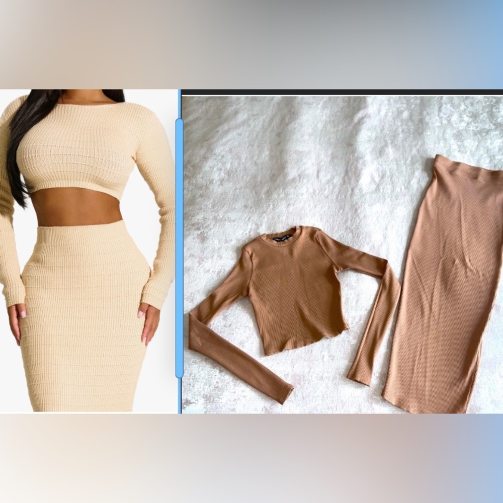 Naked Wardrobe body-con rib set pencil skirt crop top dress mocha caramel S